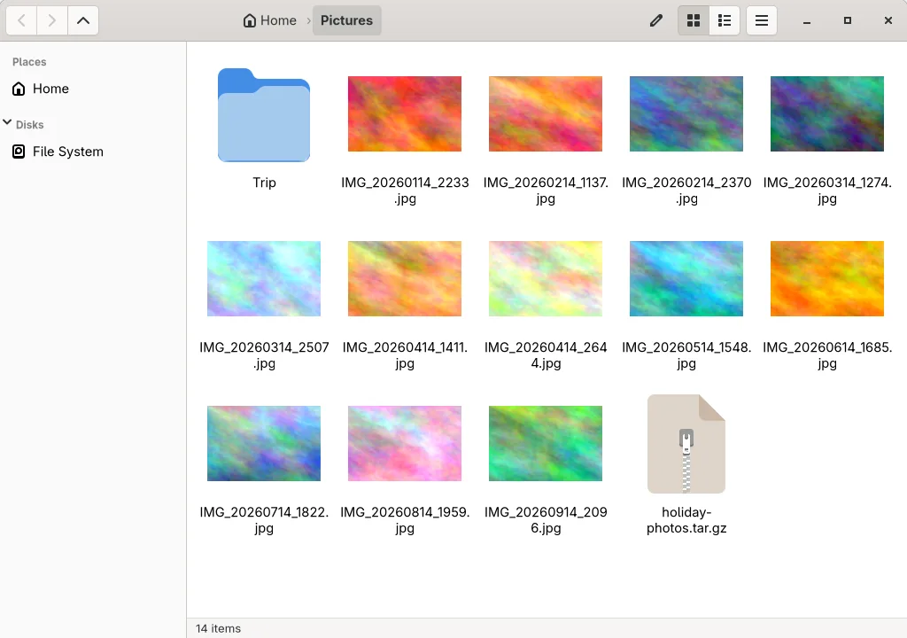 Sorrel showing a Pictures folder with photo thumbnails, a sidebar and breadcrumb path bar